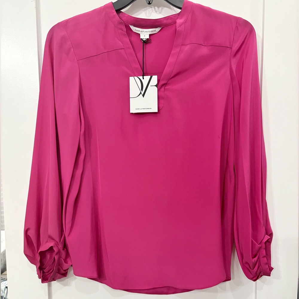 Diane Von Furstenberg DVF Tanyana Clean 100% Silk Blouse Pink Dahlia Size 8 NWT